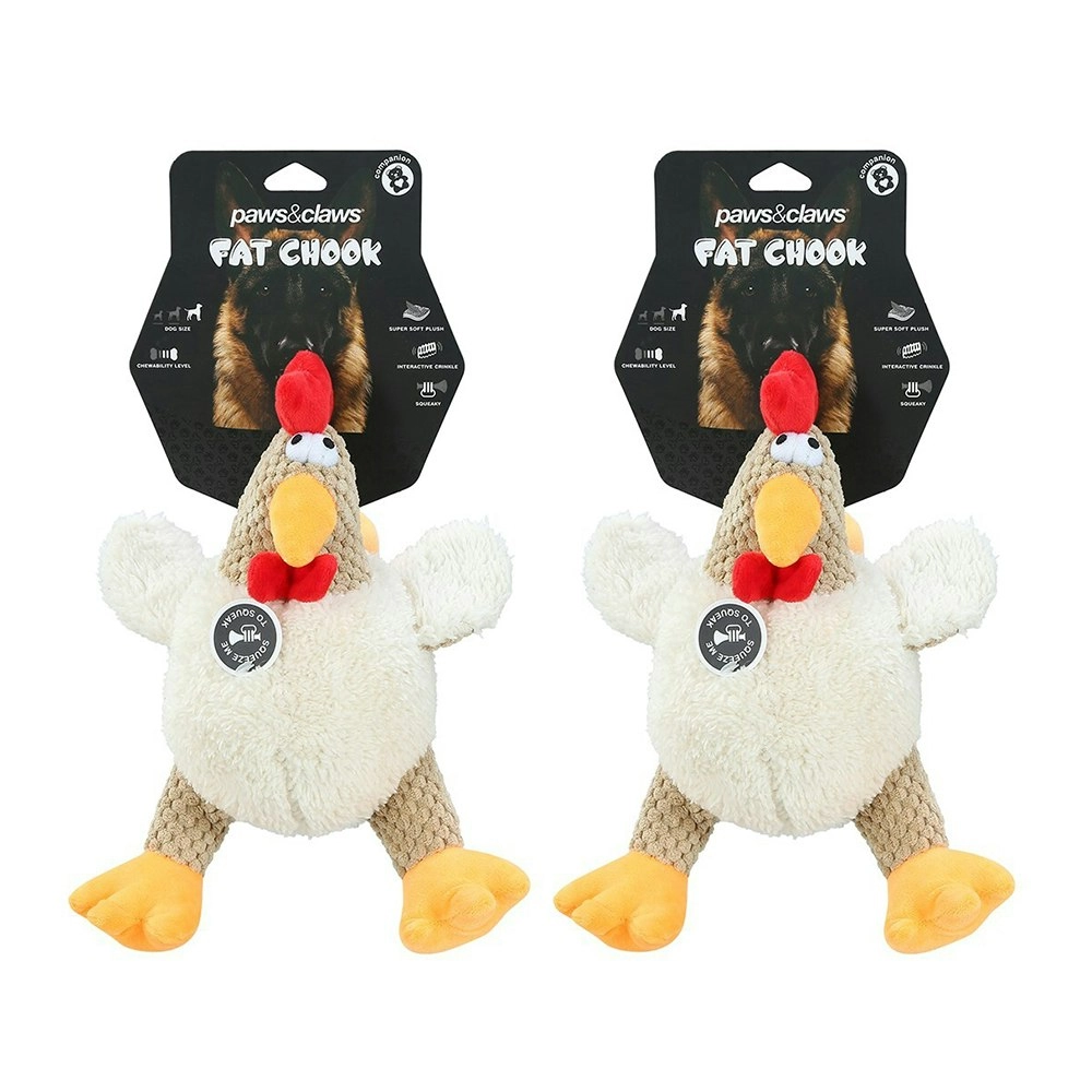 2x Paws N Claws Pet Dogs Fat Chook Soft Plush 28cm Chew Toy w/ Built-In Squeaker