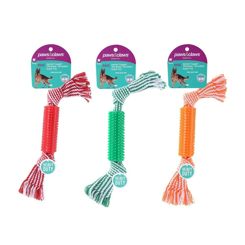 3x Paws & Claws 32cm Dental Tugger Dog/Pet Toy TPR Body + Braided Rope Assorted