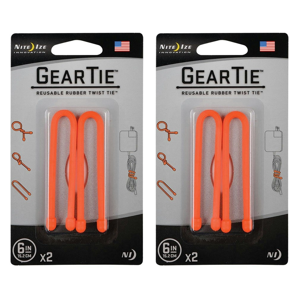 4pc Nite Ize Gear Tie 6in Reusable Rubber Twist Wire Cord Cable Organiser Orange