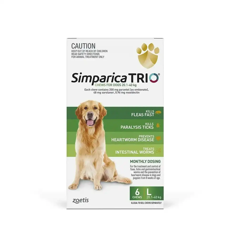 Simparica Trio Green For Large Dogs (20.1-40kg) - 3 Pack, 6 Pack & 12 Pack - 6 Pack