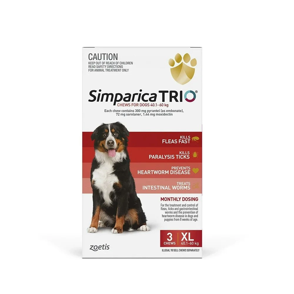 Simparica Trio Red For Extra Large Dogs (40.1-60kg) - 3 Pack, 6 Pack & 12 Pack - 3 Pack