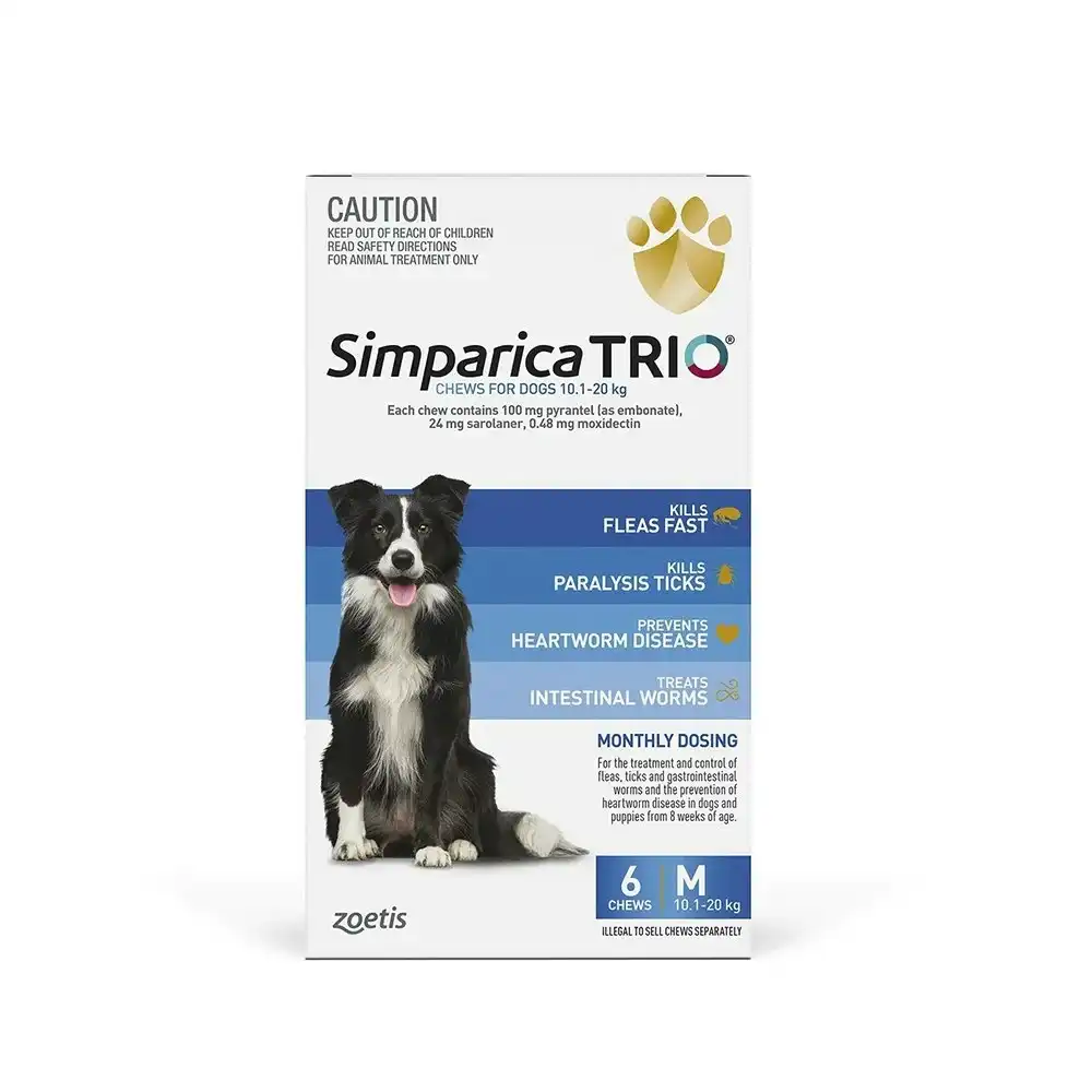 Simparica Trio Blue For Medium Dogs (10.1-20kg) - 3 Pack, 6 Pack & 12 Pack - 6 Pack