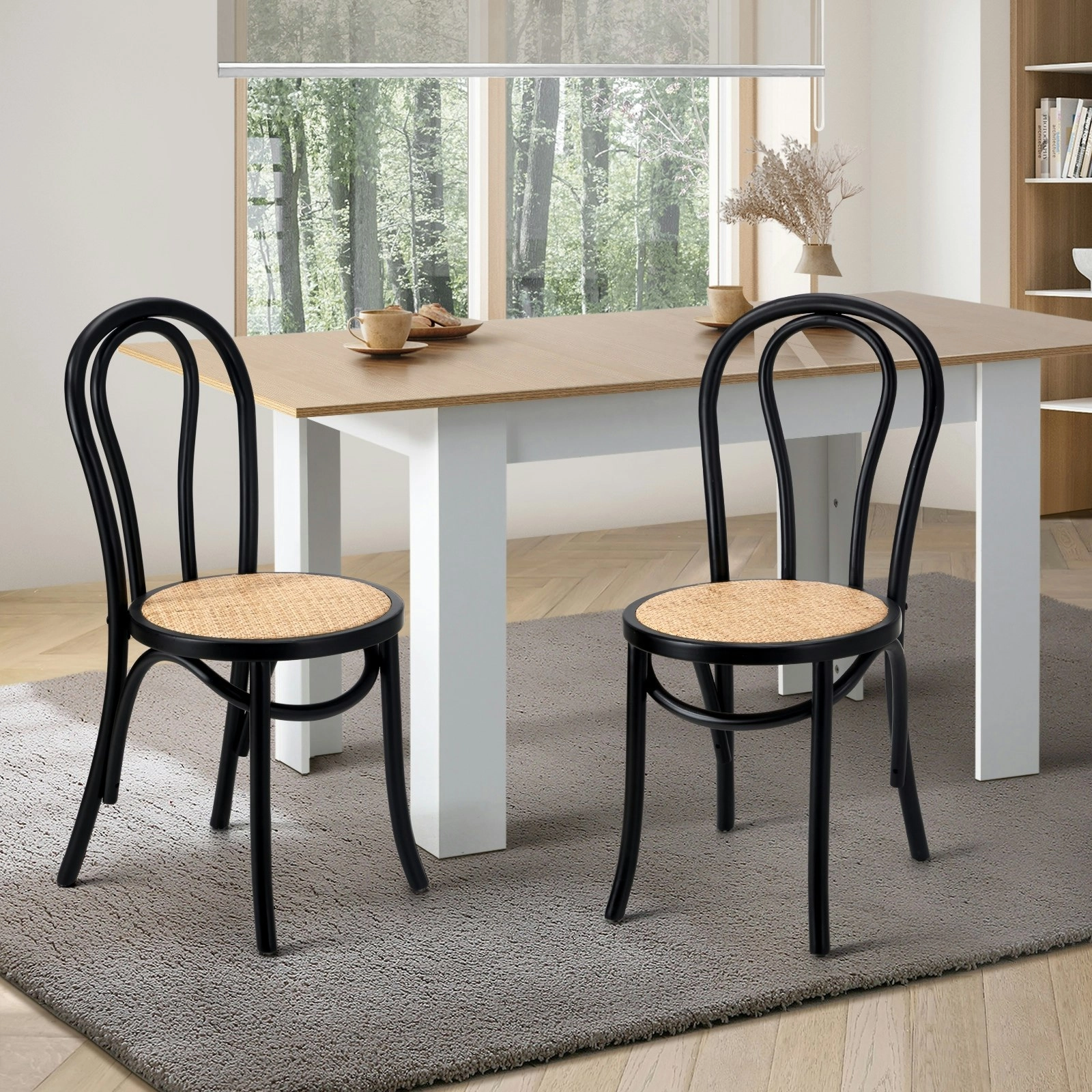 Oikiture 2PCS Dining Chair Solid Wooden Chairs Ratan Seat Black