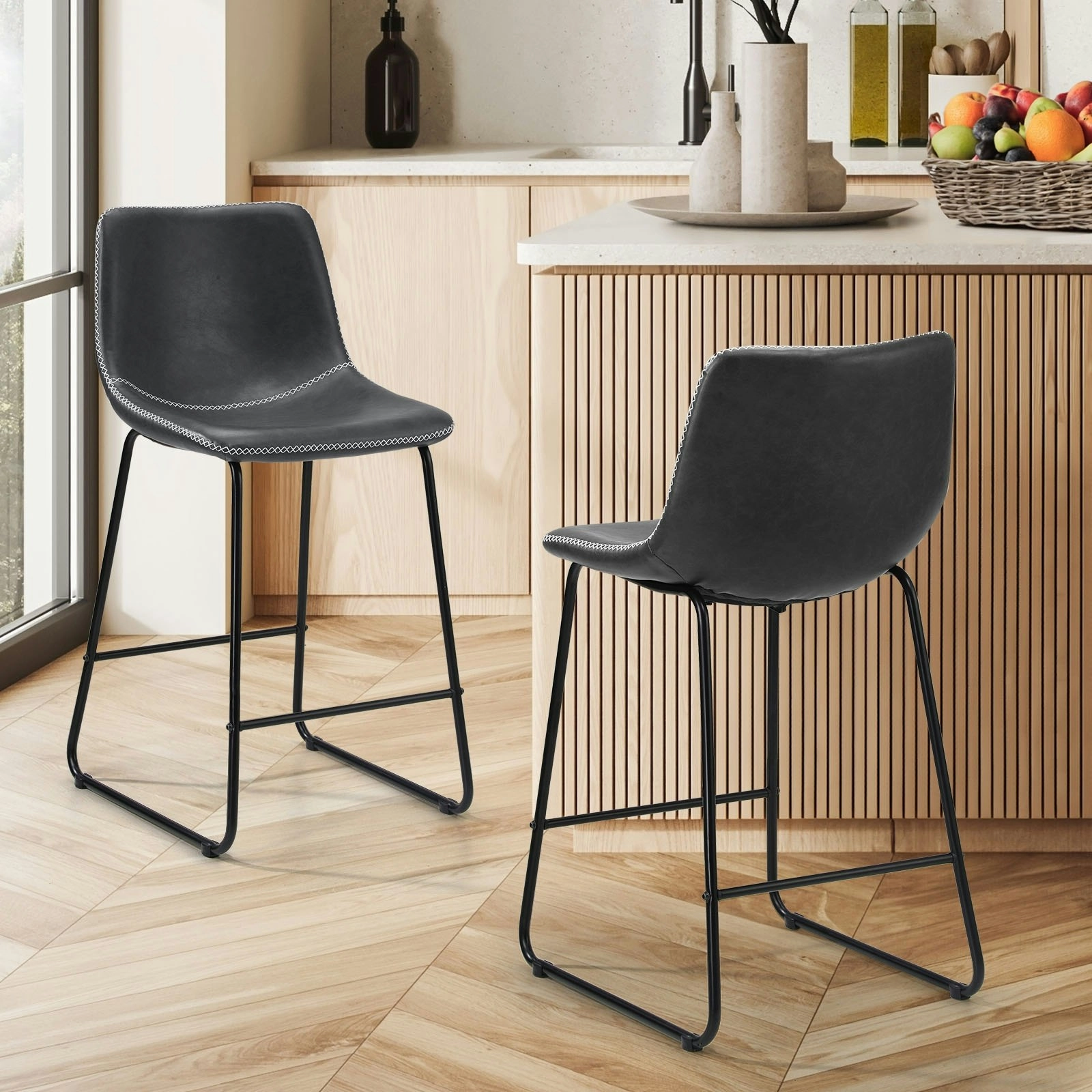 Oikiture 2x Bar Stools Kitchen Dining Chairs Leather Metal Grey