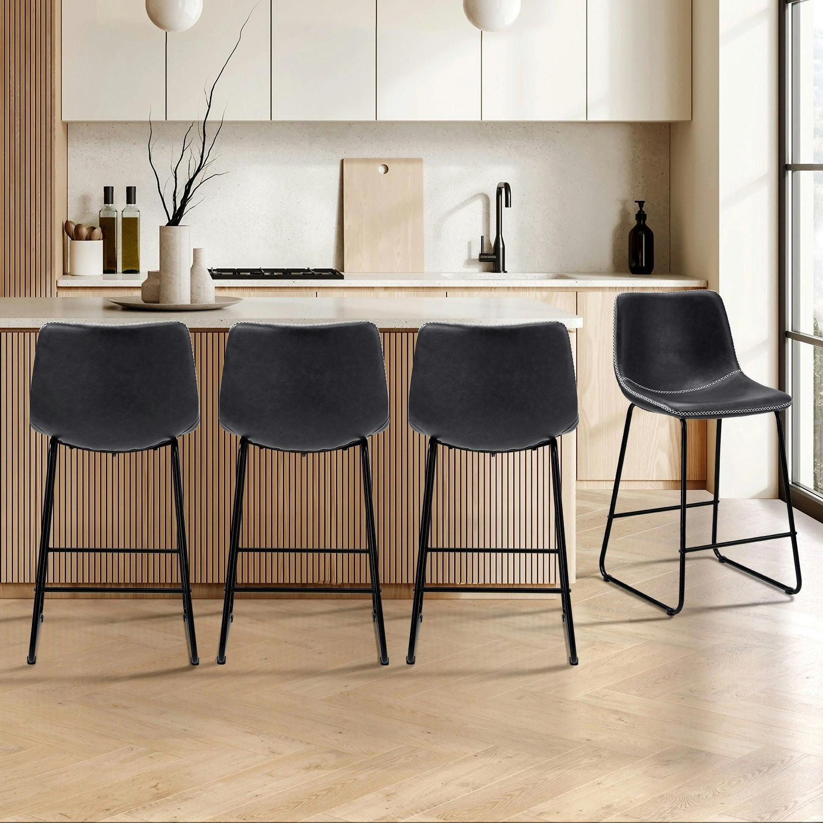 Oikiture 4x Bar Stools Kitchen Stool Dining Chairs Metal Leather Grey