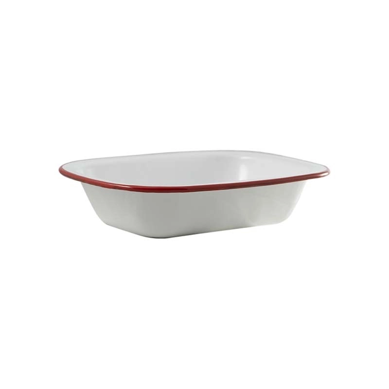 Urban Style Enamelware 26cm Pie Dish Rectangle Snack Container w/ Red Rim White