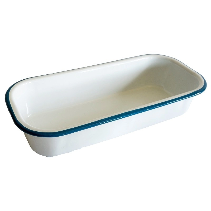 Urban Style Enamelware 1.9L Loaf Tin Baking Tray Serving Dish w/ Blue Rim White