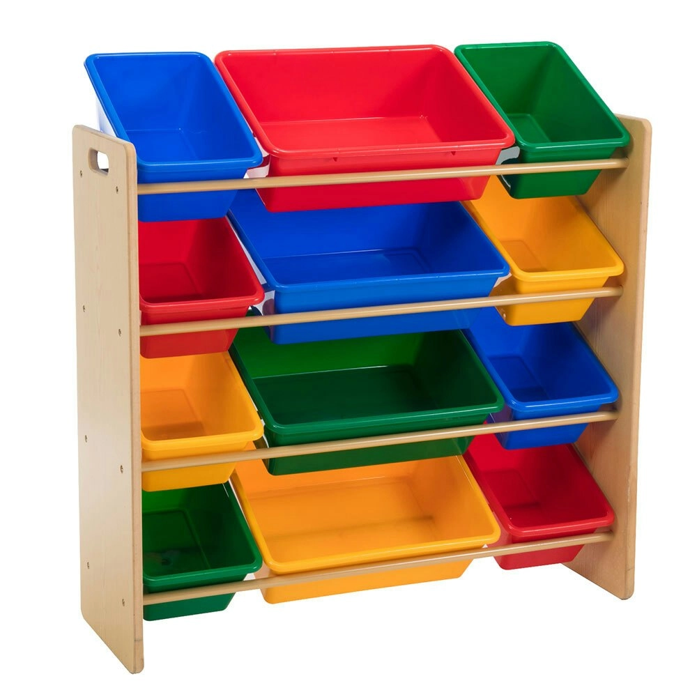 Kids 86cm Wooden Shelf w/12 Plastic Bin for Toys/Books Organiser Storage 3y+