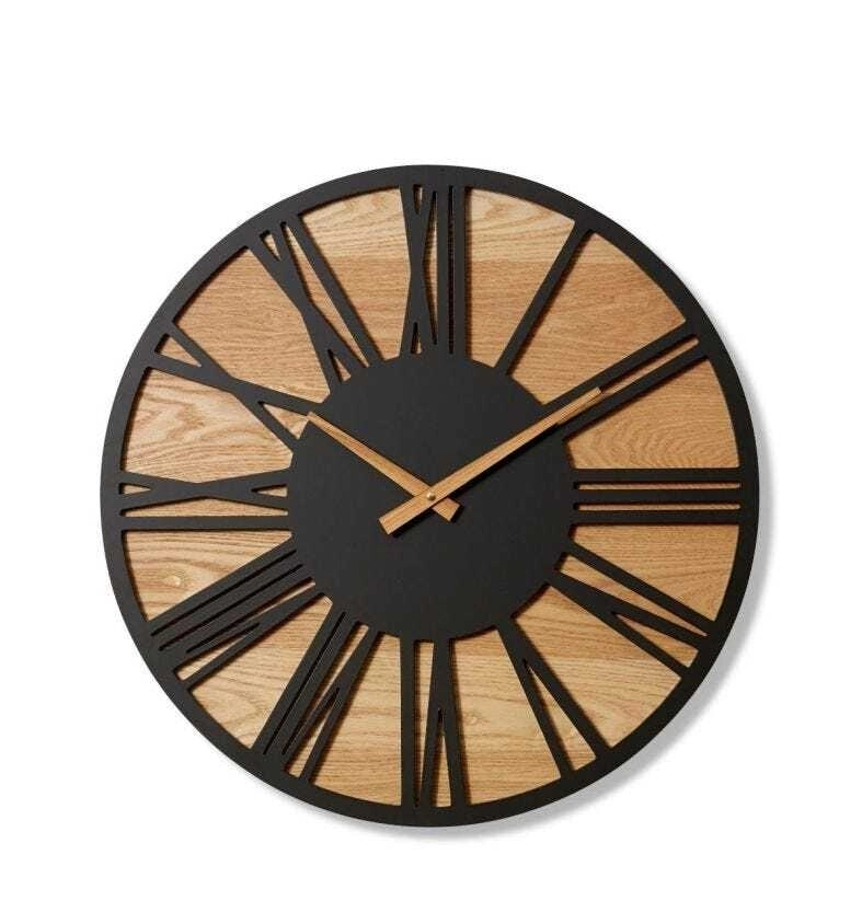 E Style Bennet Metal/MDF 60cm Wall Clock Round Analogue Decor Black/Natural