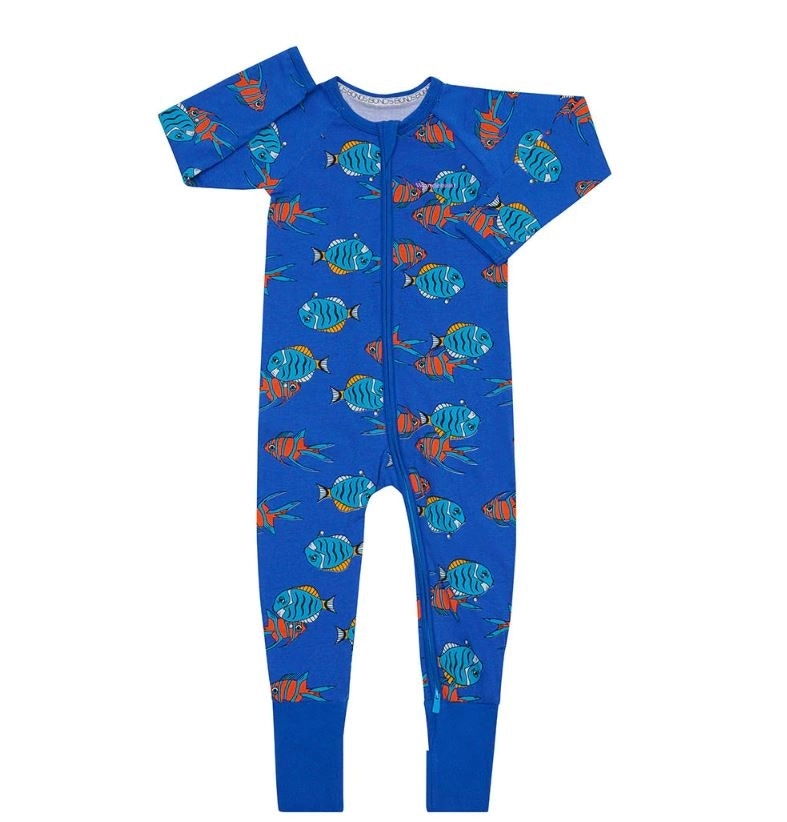 3 x Bonds Wondersuit Baby 2-Way Zip Coverall Floating Fish Blue