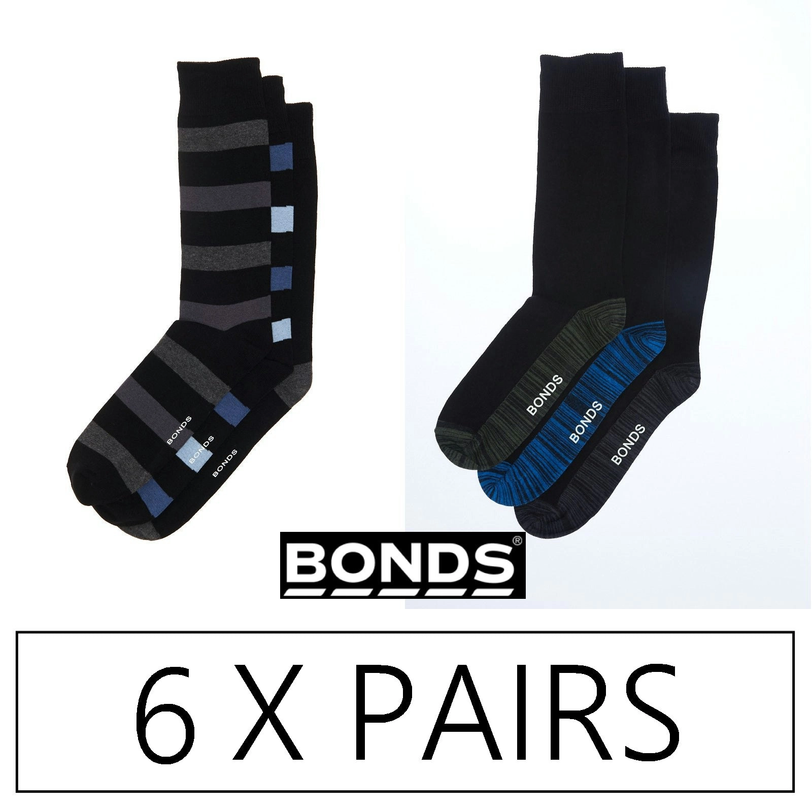 6 x Pairs Bonds Business Crew Socks - Logo Work Black Socks Long