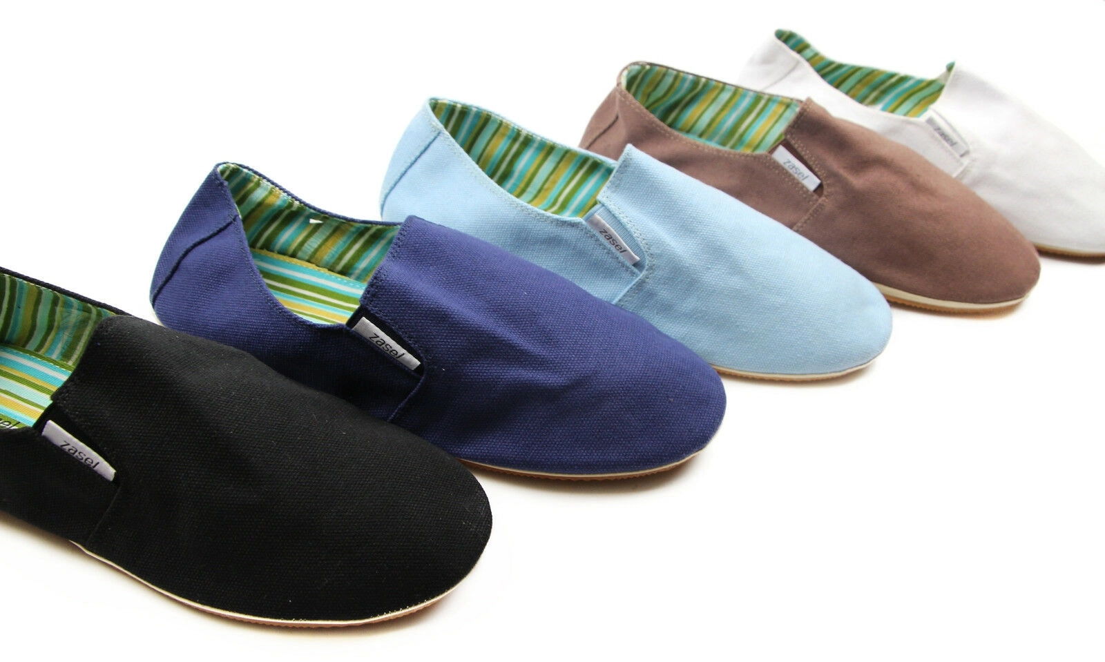 Mens Cotton Canvas Slip On Flat Black Brown White Blue Navy Grey Casual Shoes