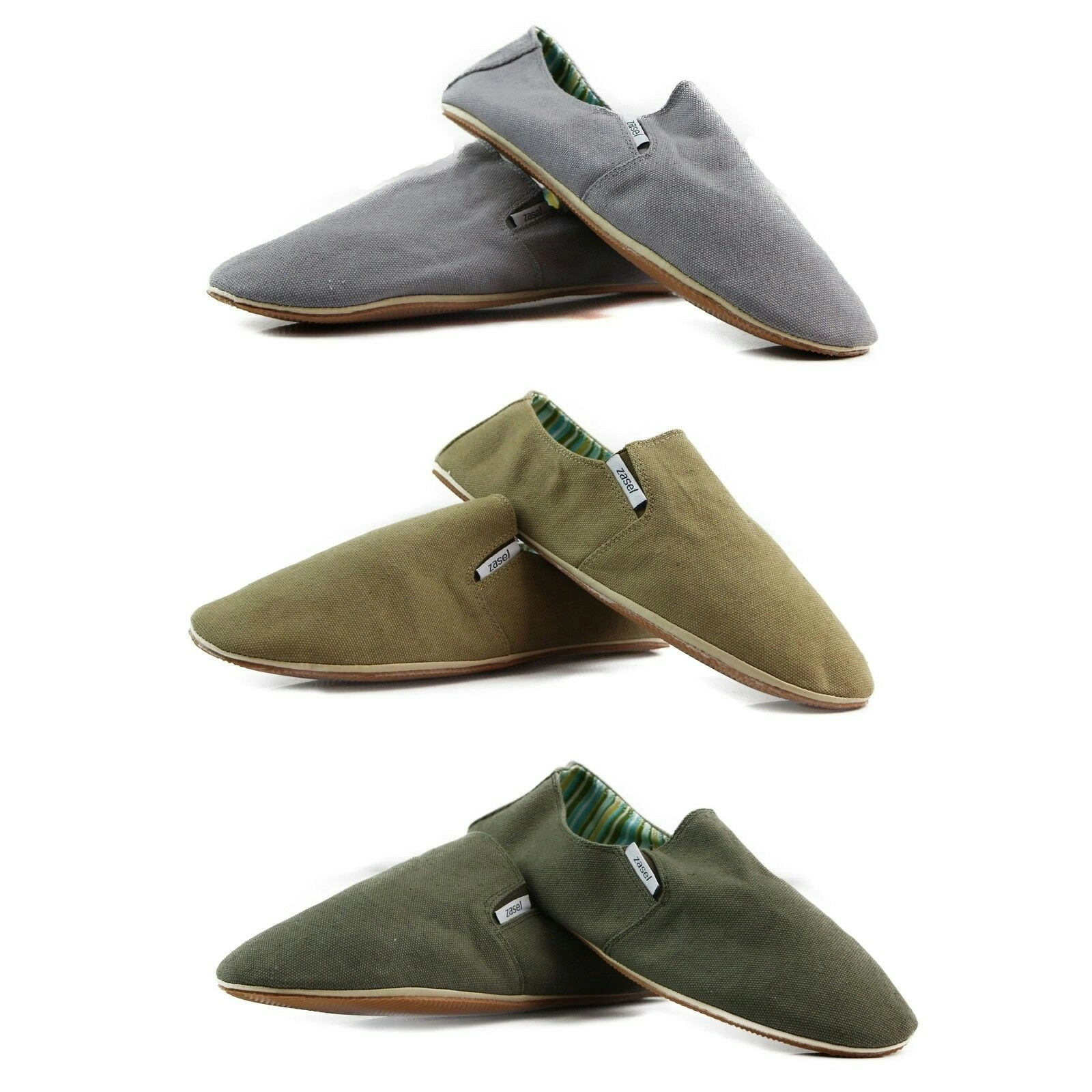 Mens Zasel Cotton Canvas Easy Slip On Flat Grey Khaki Army Green Casual Shoes