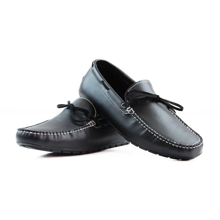 Mens Zasel Anchor Slip On Black Leather Boat Shoes