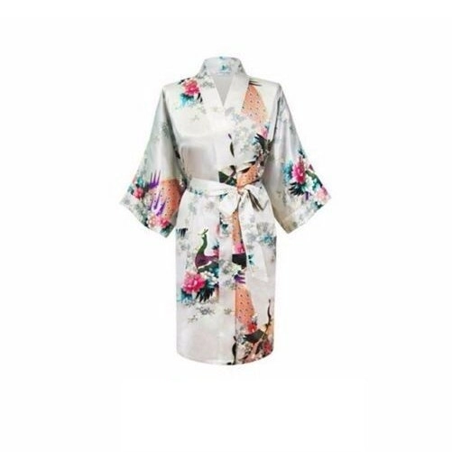 Bride Bridesmaid Gown Robe Satin Kimono Short Floral Bridal Wedding White