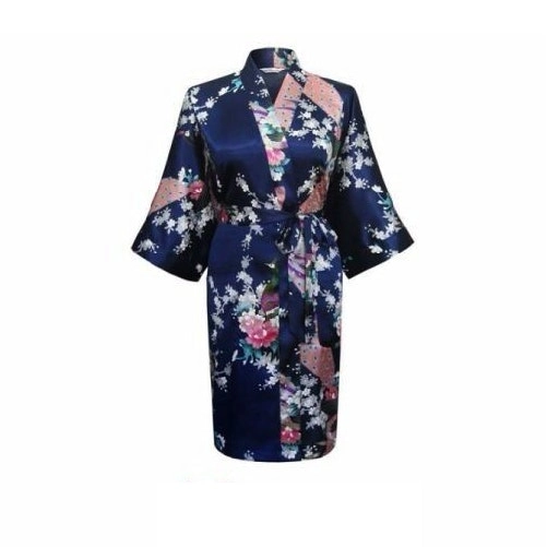 Bride Bridesmaid Gown Robe Satin Kimono Short Floral Bridal Wedding Navy