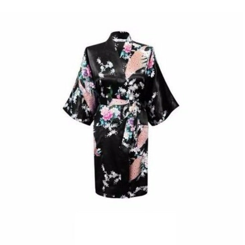 Bride Bridesmaid Gown Robe Satin Kimono Short Floral Bridal Wedding Black