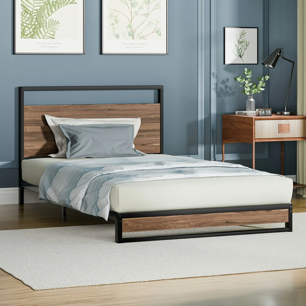 Alfordson Metal Bed Frame King Single Size Industrial Platform Mattress Base Wood