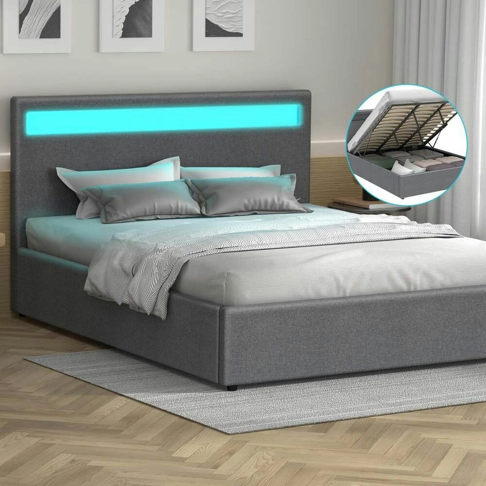 Alfordson Bed Frame King Size RGB LED Gas Lift Base Platform Storage Grey