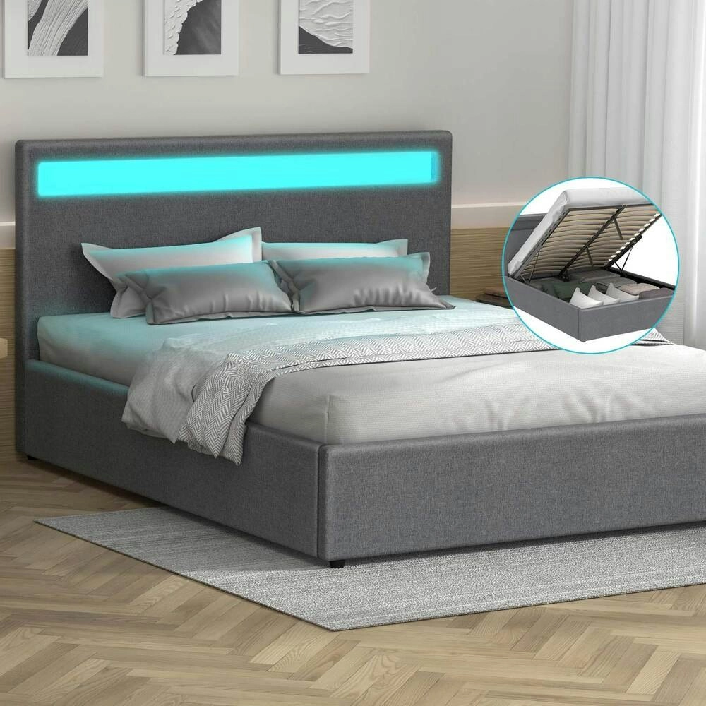 Alfordson Bed Frame Queen Size RGB LED Gas Lift Base Platform Storage Grey