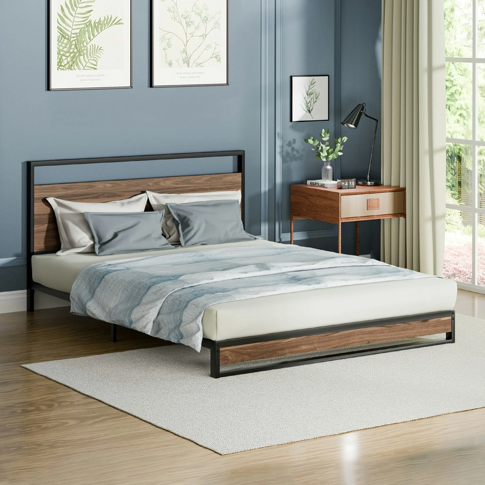 Alfordson Metal Bed Frame Queen Size Industrial Platform Mattress Base Wood