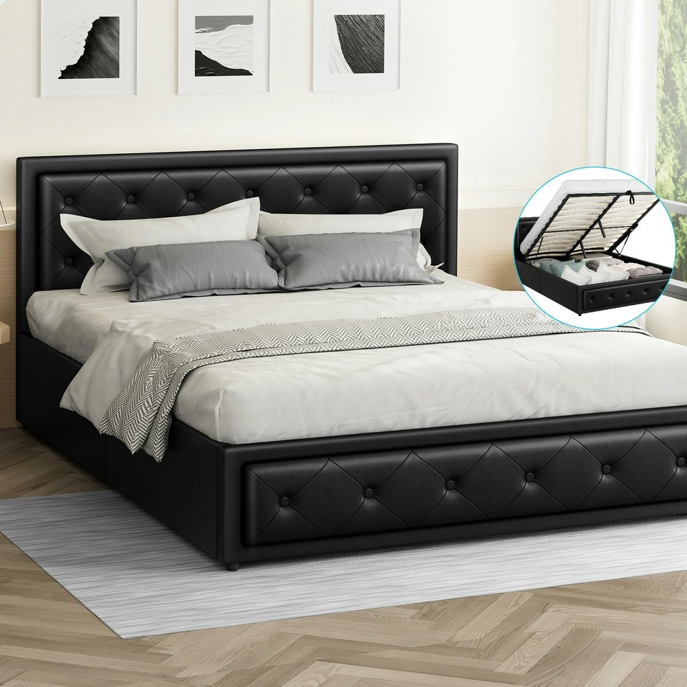 Alfordson Bed Frame Double Size Gas Lift Storage Mattress Base Leather Black