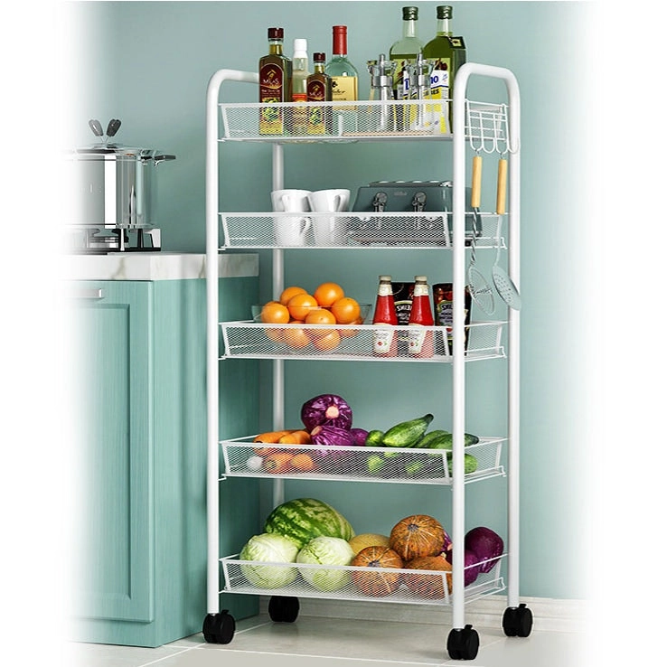 5 Tier Large Steel Multipurpose Storage Shelf Utility Cart Kitchen Trolley (White)