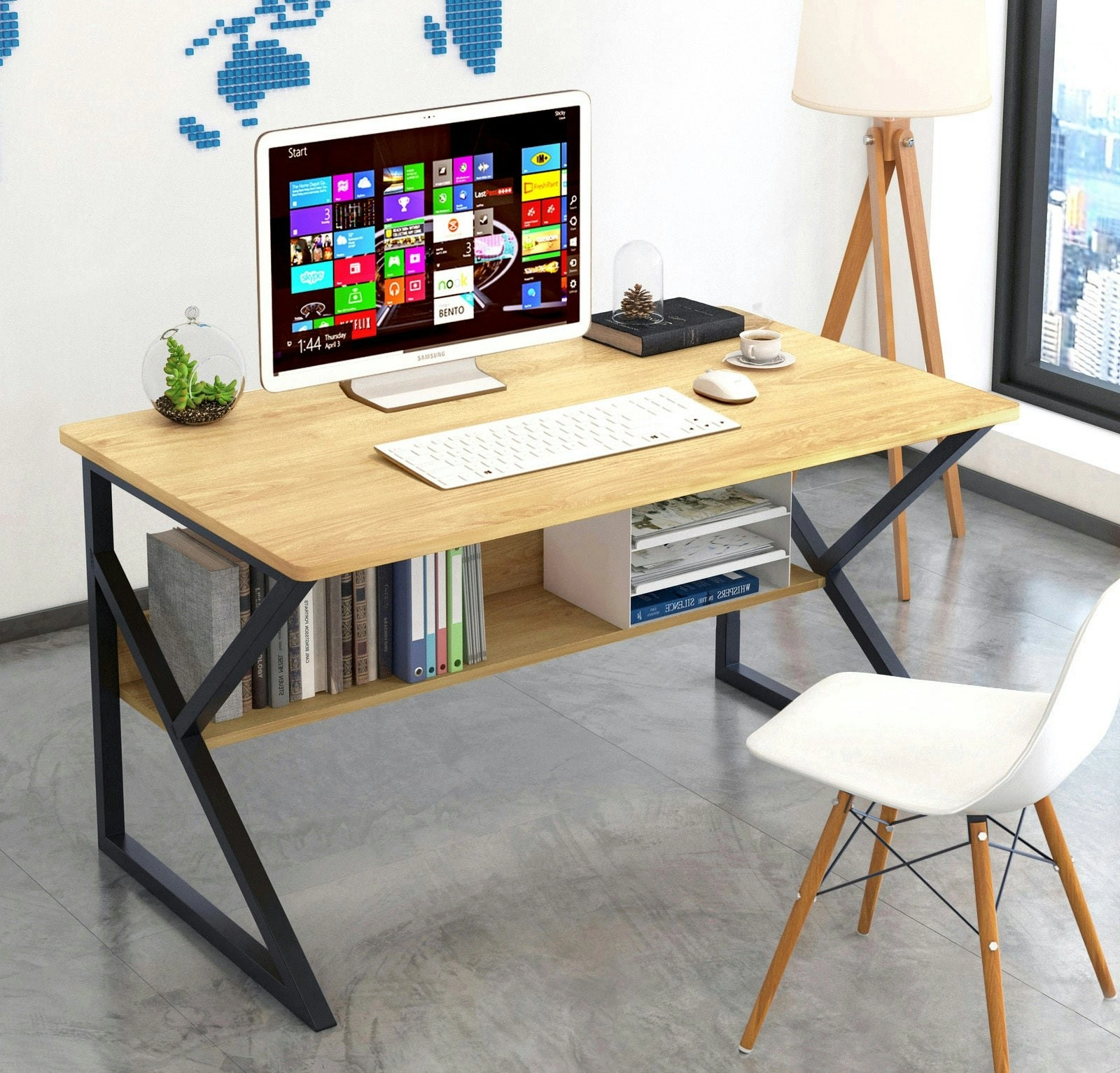 Kori Wood & Metal Computer Desk with Shelf (Oak) - 80cm