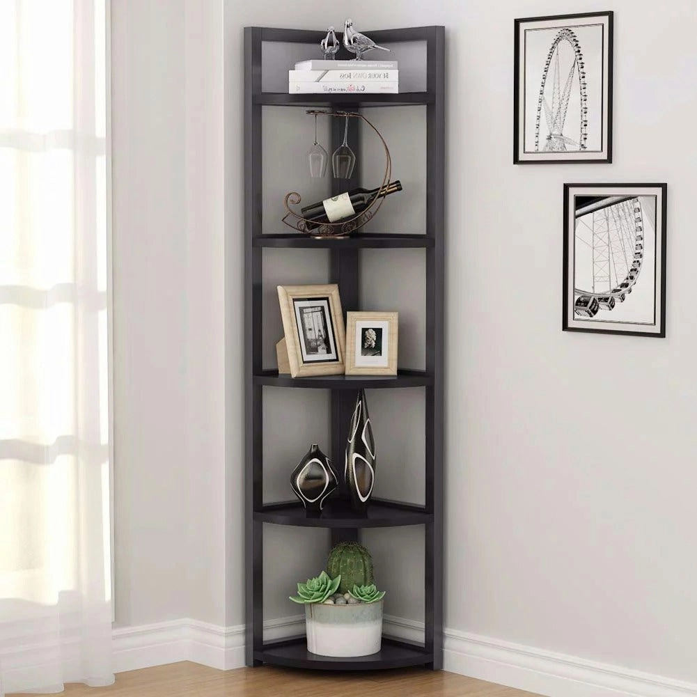 Deluxe 5 Tier Wood & Steel Corner Shelf Organizer Unit (Black)