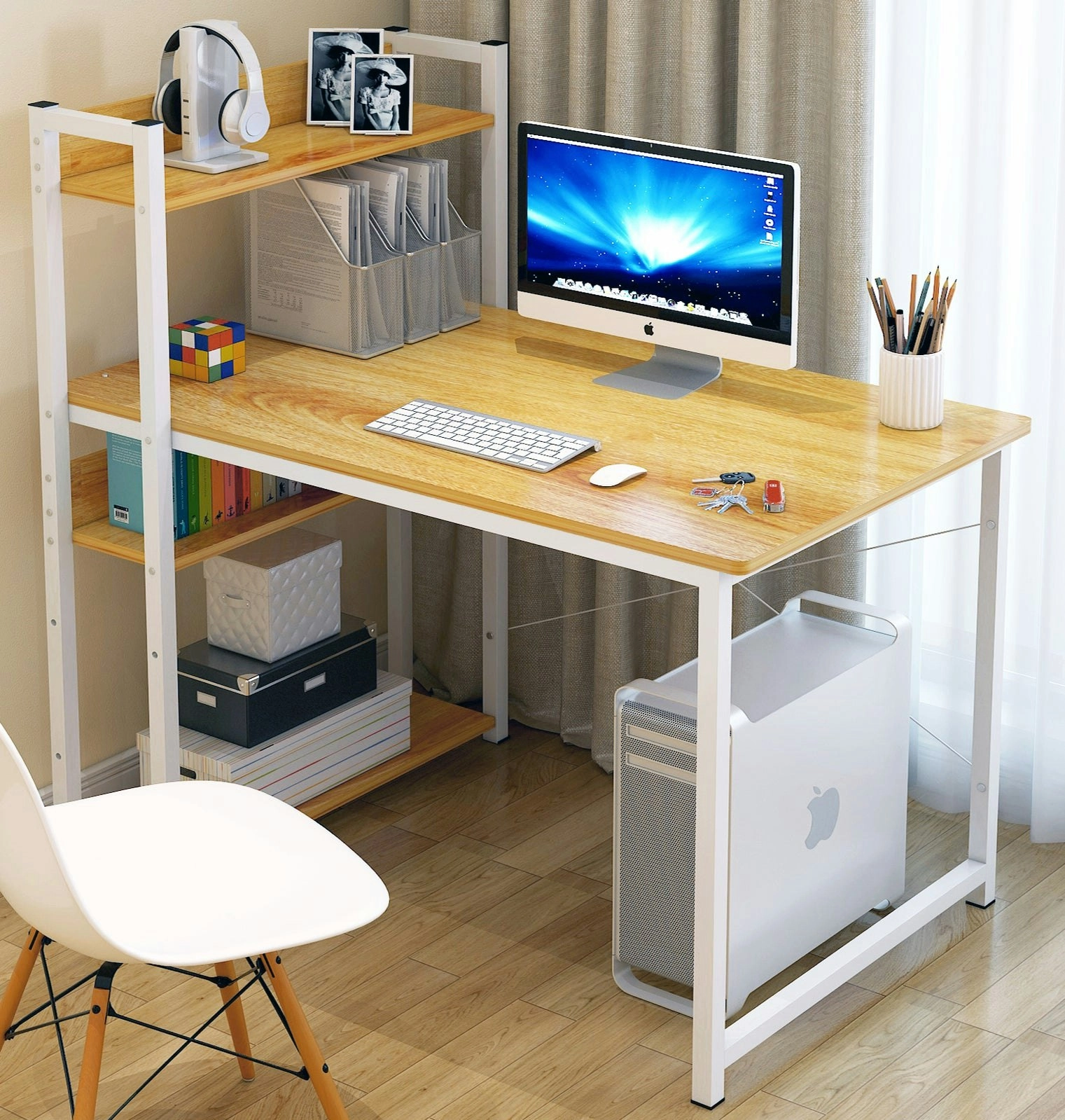 Edge Combination Workstation Computer Desk with Storage Shelves (Oak)