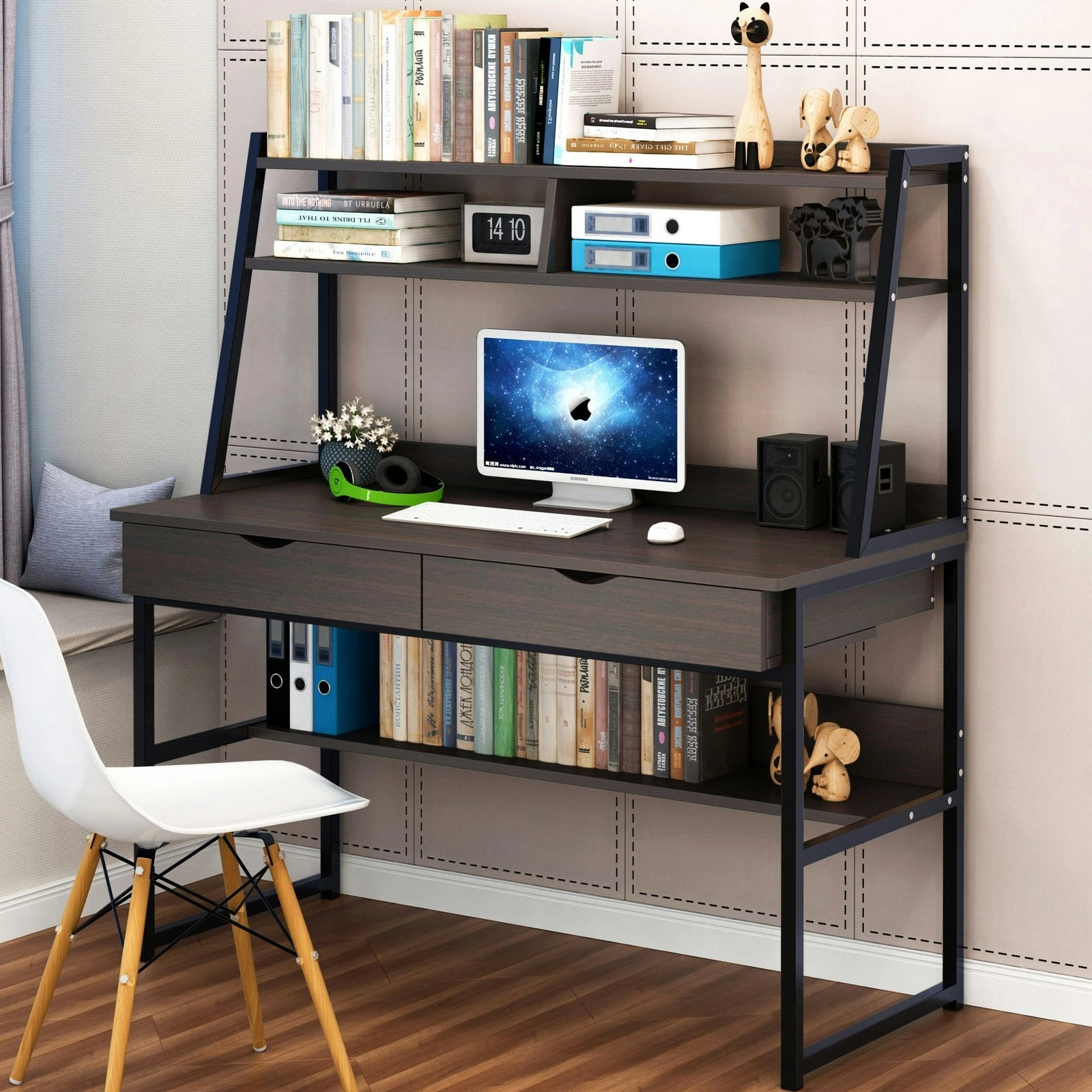 Enterprise Large Computer Desk Workstation with Shelves & Drawers (Black)