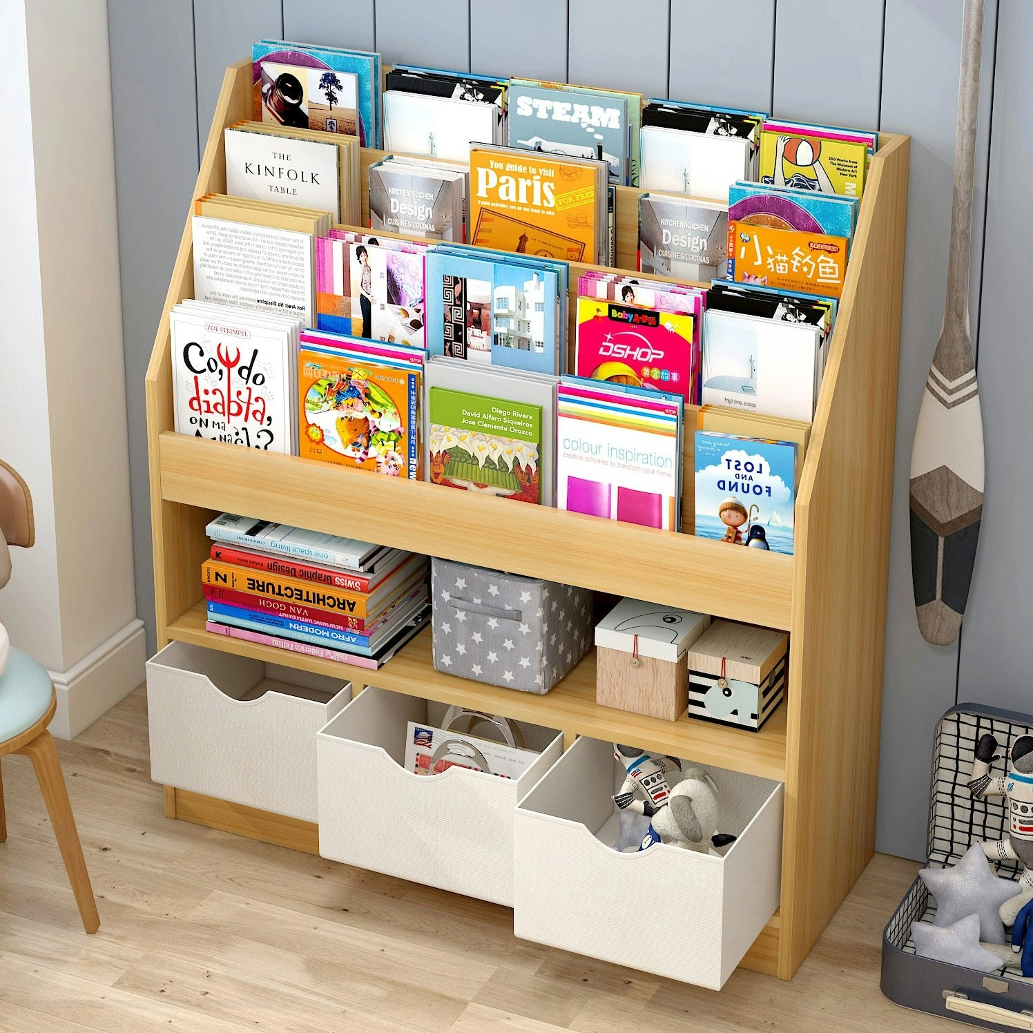 Clover Large Bookcase Storage Shelf Magazine Rack with Drawers (Oak)