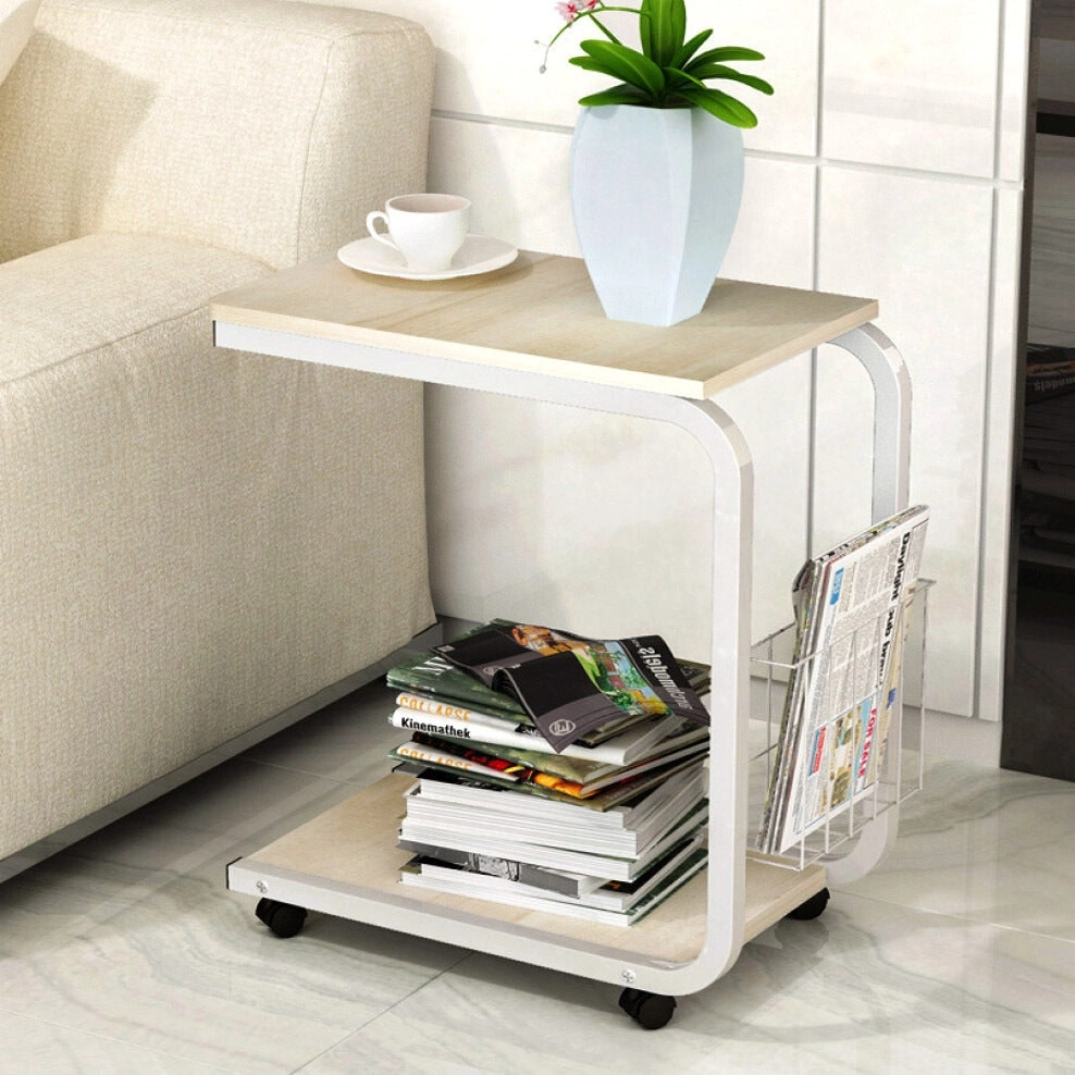 Sofa Bed Side Table Laptop Desk with Magazine Rack and Wheels (White Oak)