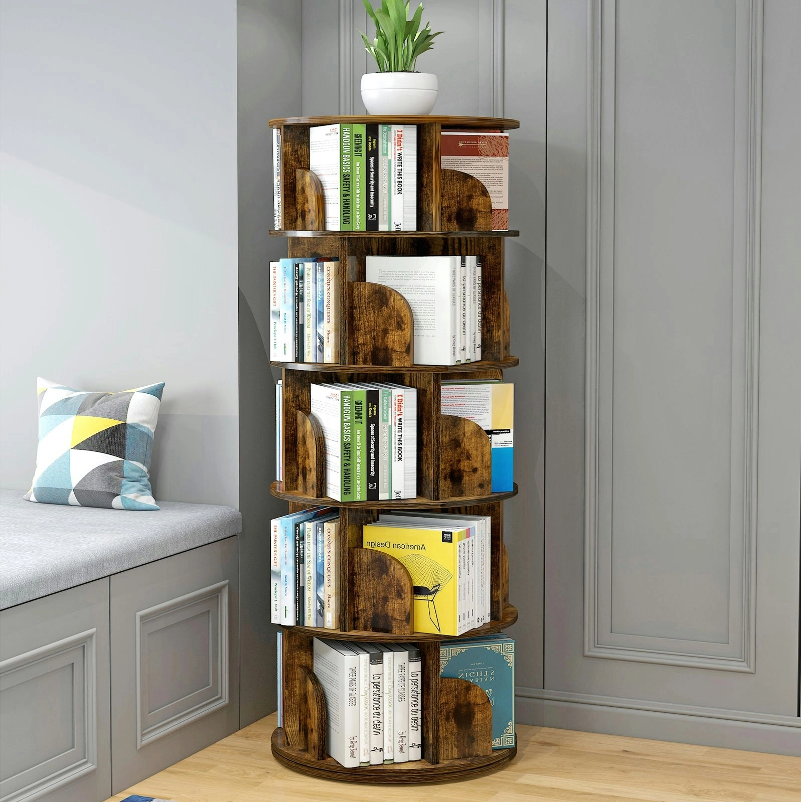 Sanctuary 360-degree Rotating 5 Tier Display Shelf Bookcase Organiser (Rustic Wood)