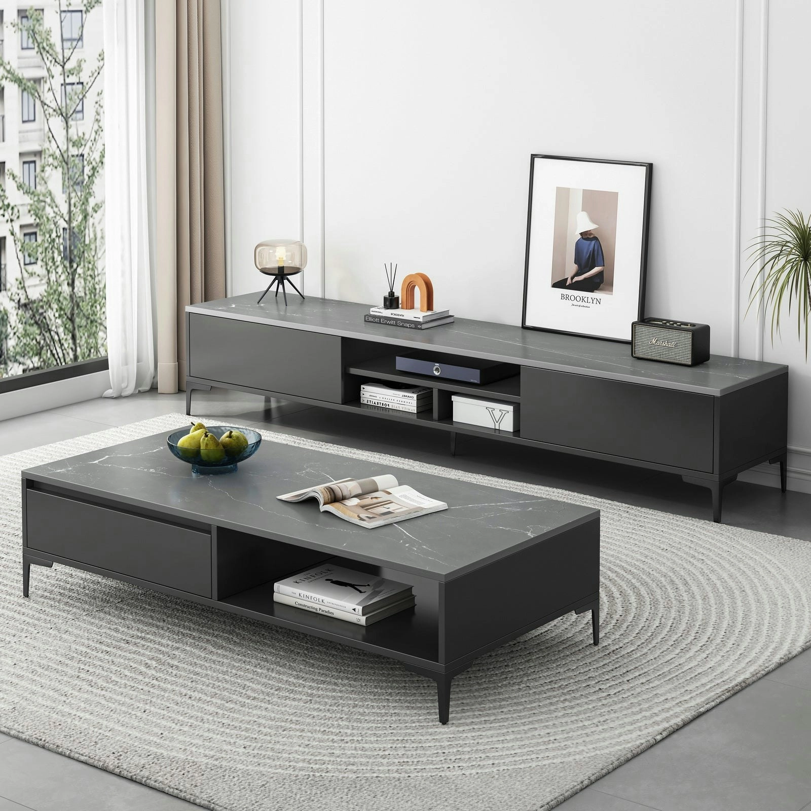 2-Piece Set Minimalist Large Coffee Table & TV Cabinet