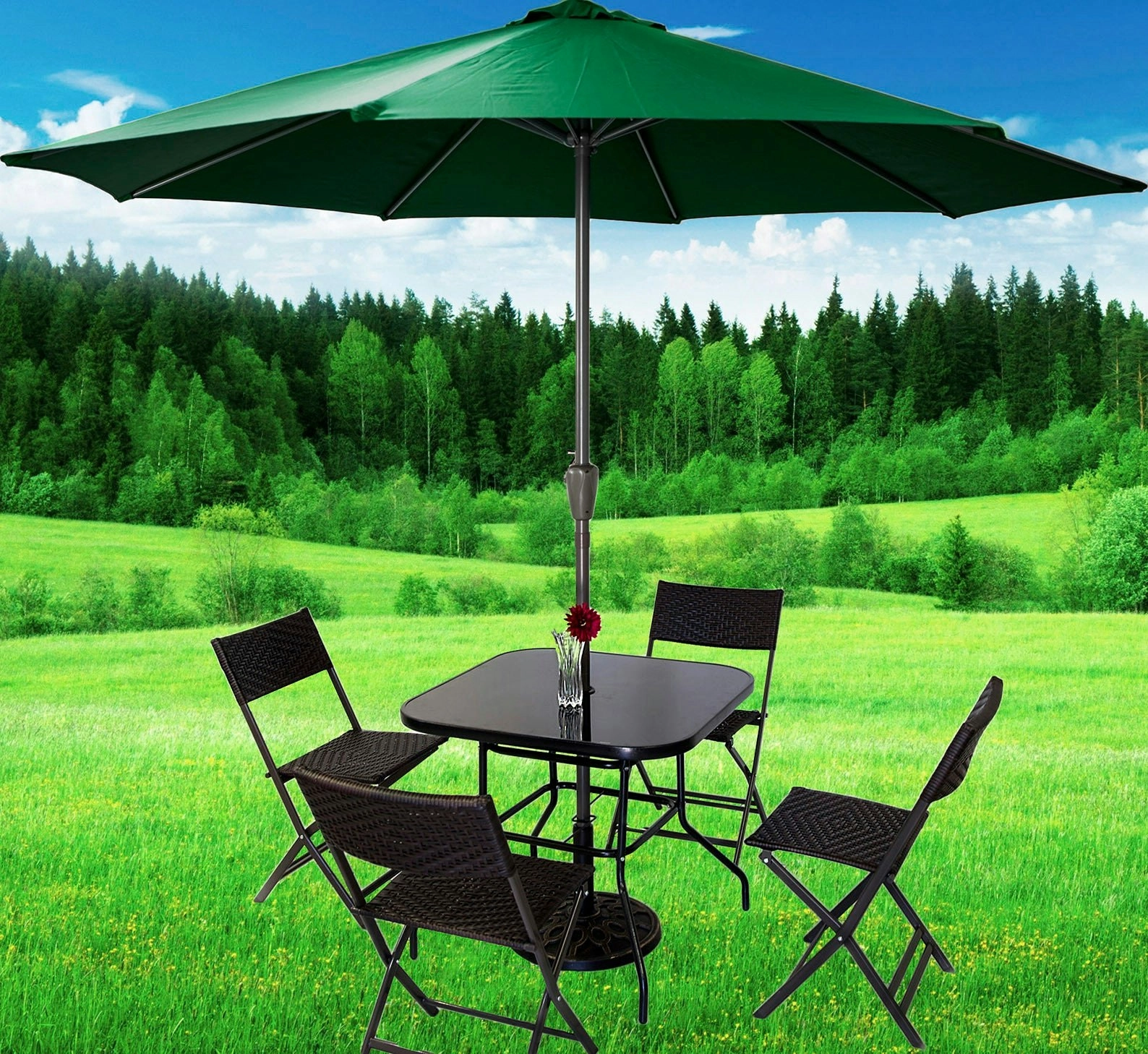 Alfresco 7 Piece Outdoor Setting (Green Umbrella & Stand, 4 Rattan Chairs, Square Table)