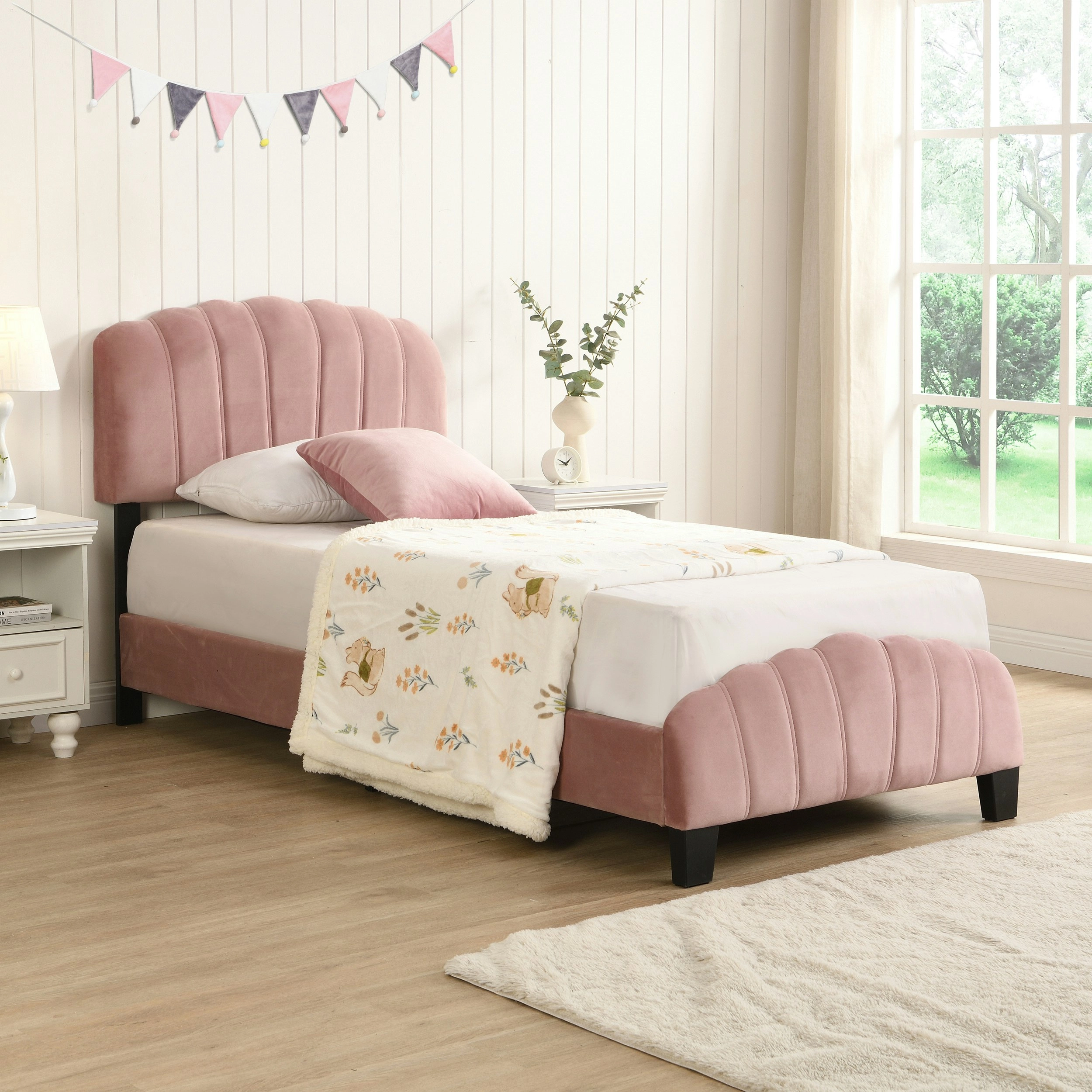 IHOMDEC Shell-Style Single Kid¡¯s Bed Frame Base Mattress Platform BEF04 Pink