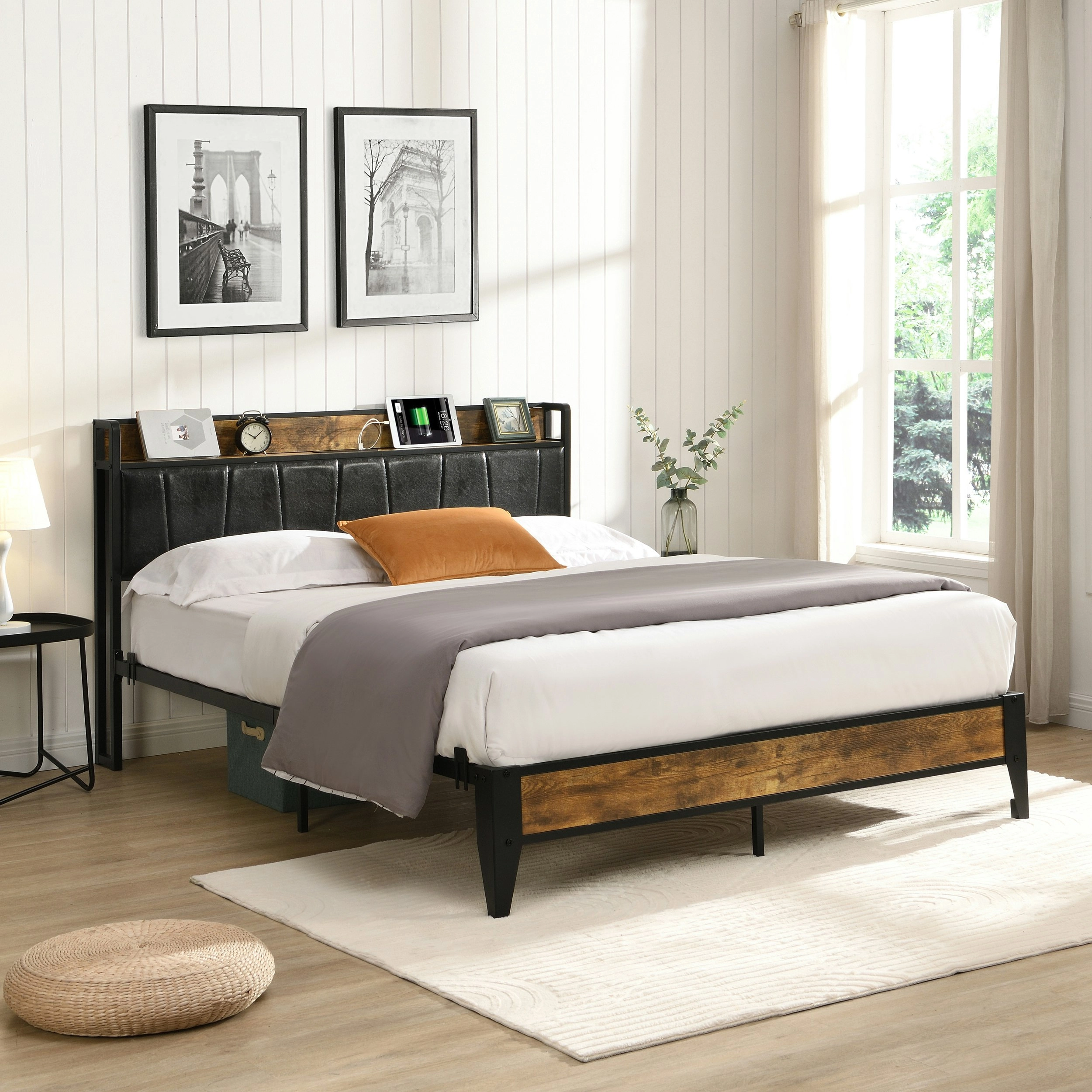 IHOMDEC Double Size Metal & Wood Bed Frame 2 Outlets &1 USB ports and 1 Type C Charging Station BED03 Rustic Dark Brown