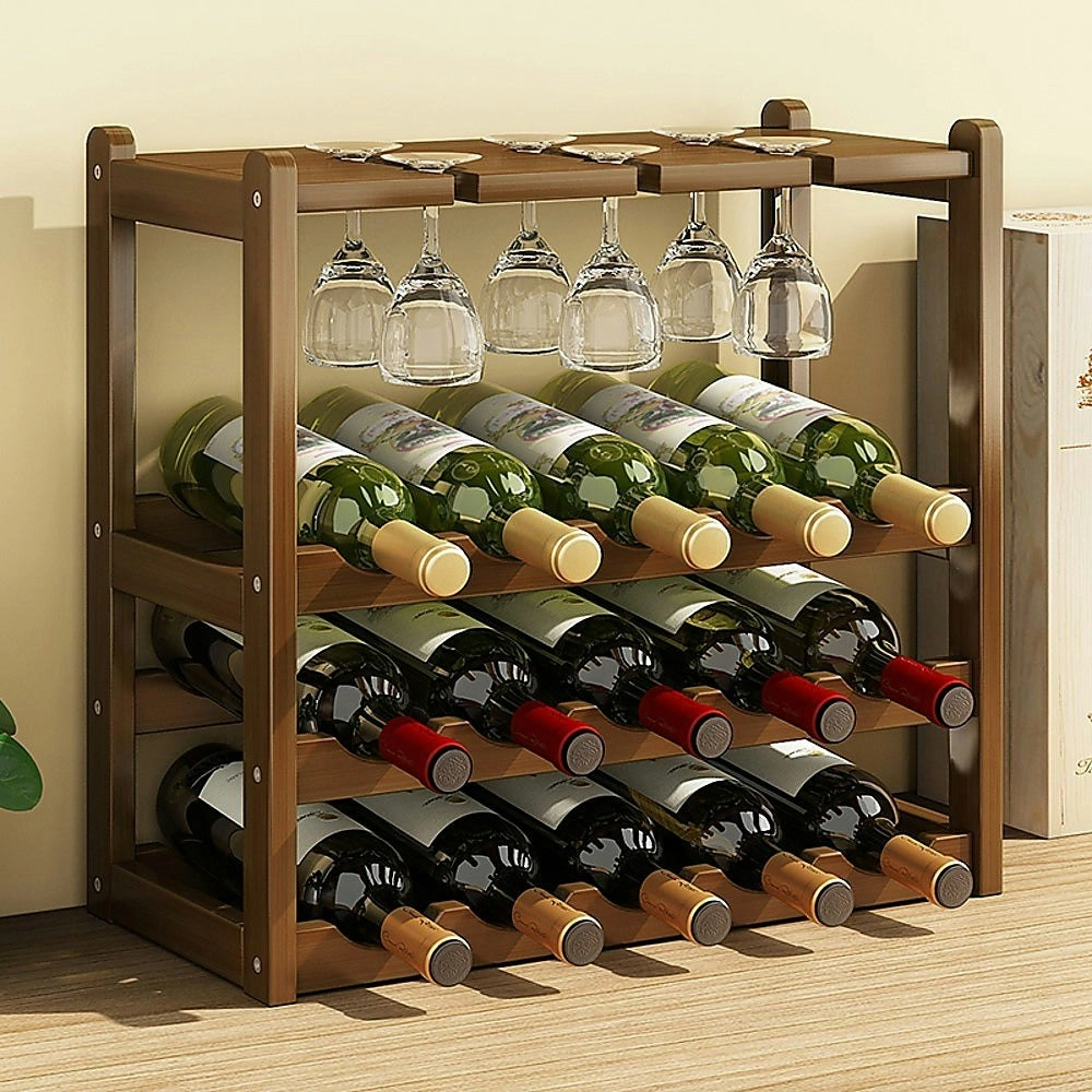 Wine Rack Free Standing 15 Bottles With 6 Glasses Holder Bamboo Storage - One Size