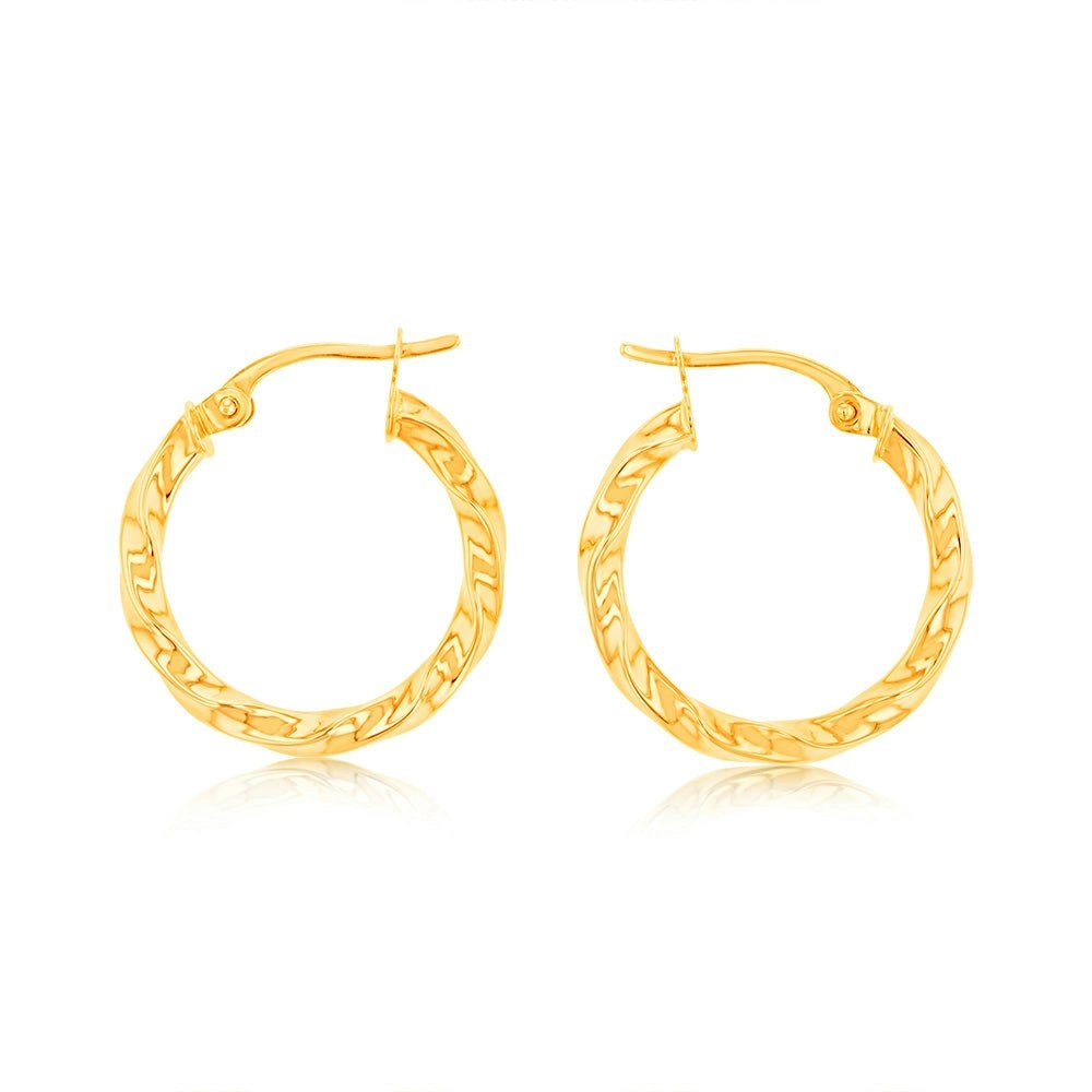 9ct Yellow Gold twist 15mm Hoops Earrings