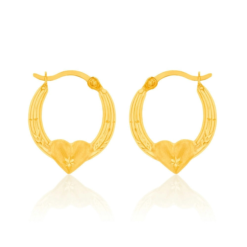 9ct Yellow Gold Diamond Cut Heart On Hoop Earrings