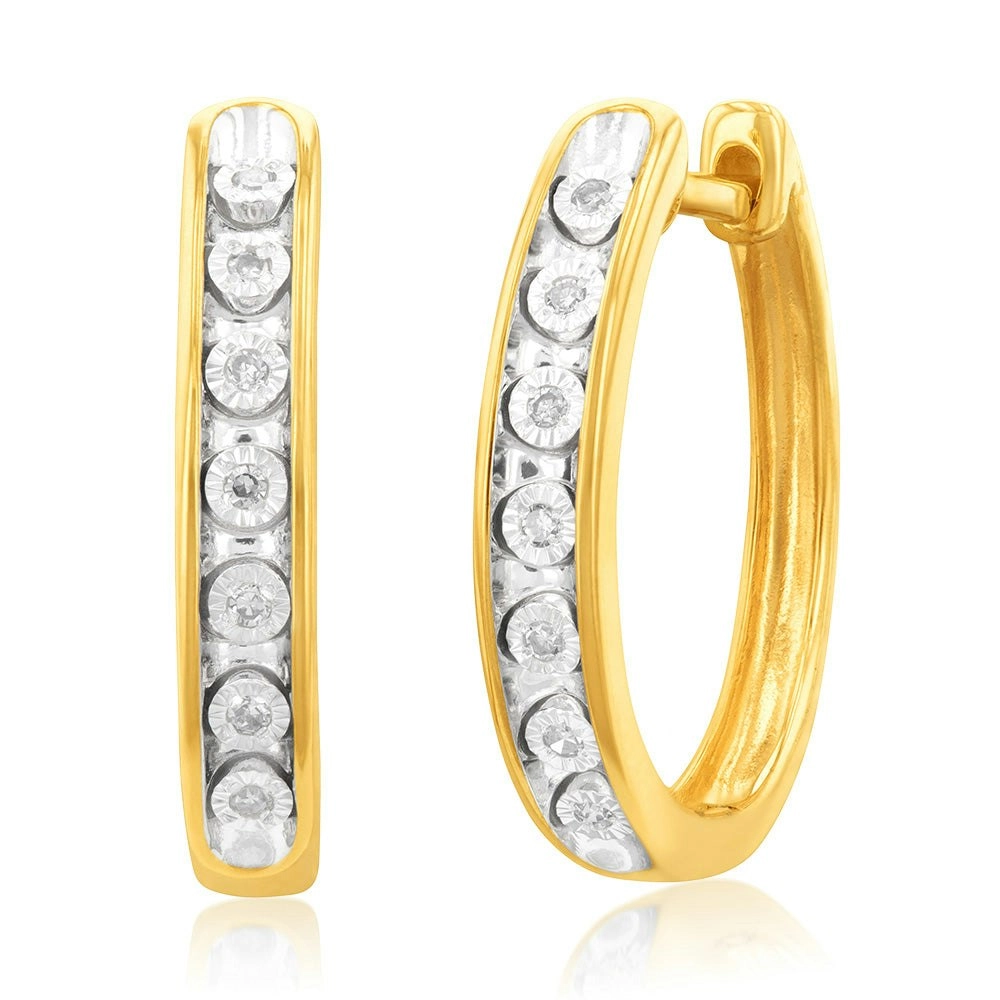 9ct Yellow Gold Diamond Hoop Earrings with 14 Brilliant Cut Diamonds