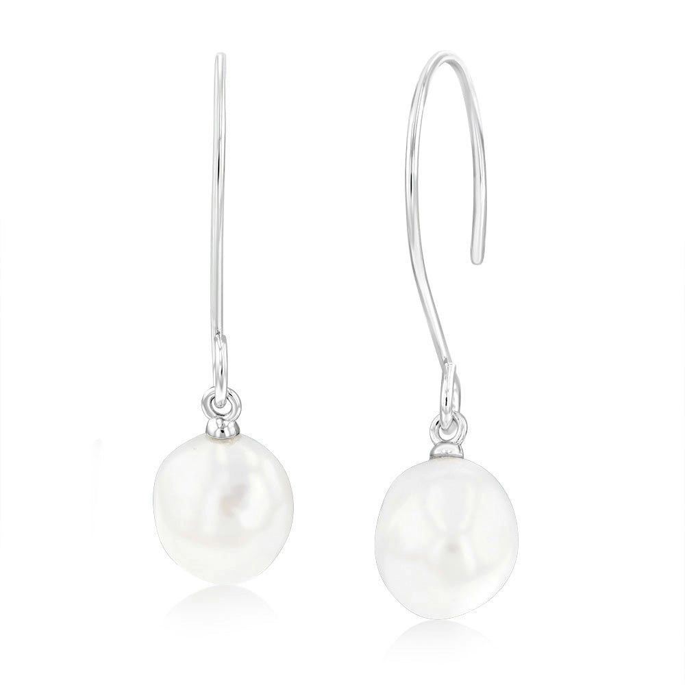 Sterling Silver Rhodium Plated 9-10mm Irregular Fresh Water Pearl Hook Earring