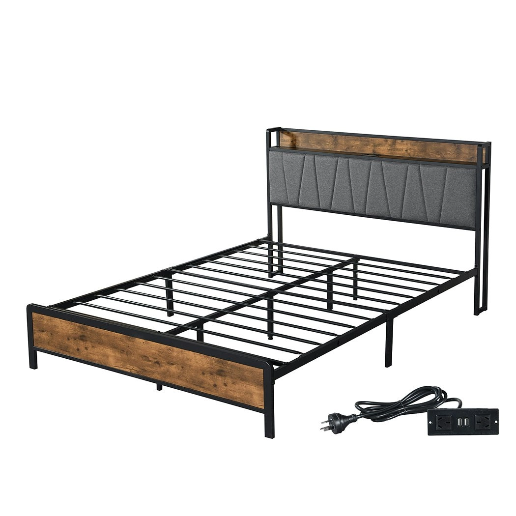 Levede Double Bed Frame Industrial Tufted Noise Free Headboard USB Charge