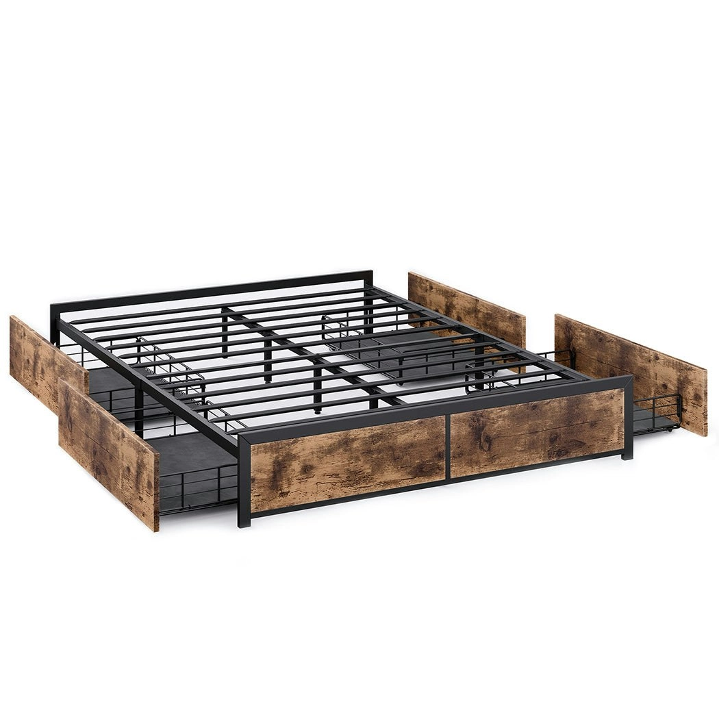 Levede Metal Bed Frame Mattress Base Platform Wooden 4 Drawers Queen Rustic