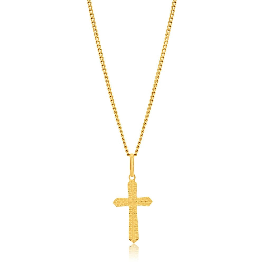 9ct Yellow Gold Plain & Diamond Cut 17mm Cross Pendant