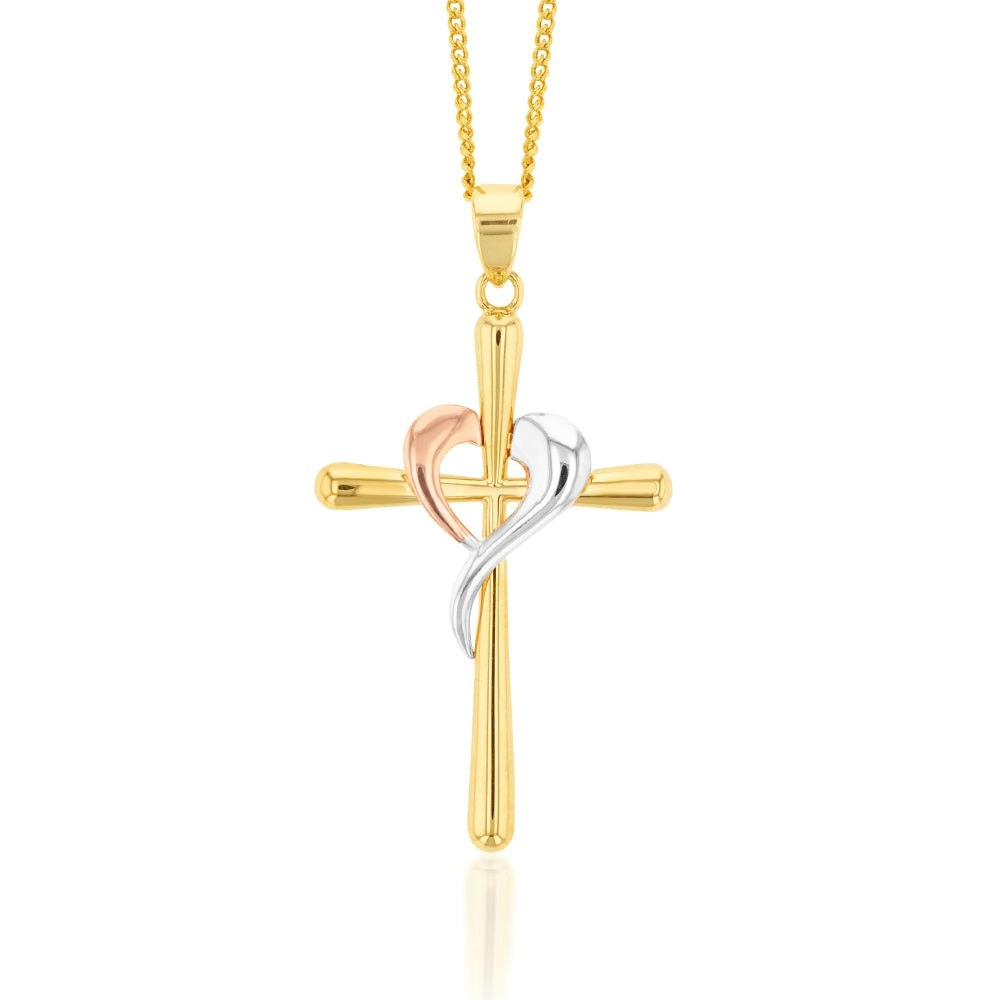 9ct Yellow, Rose And White Gold Crossover On Cross Pendant