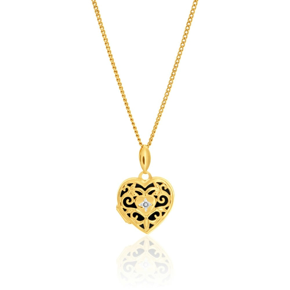 9ct Yellow Gold Silver Filled Diamond Set Heart Shaped Filigree Locket