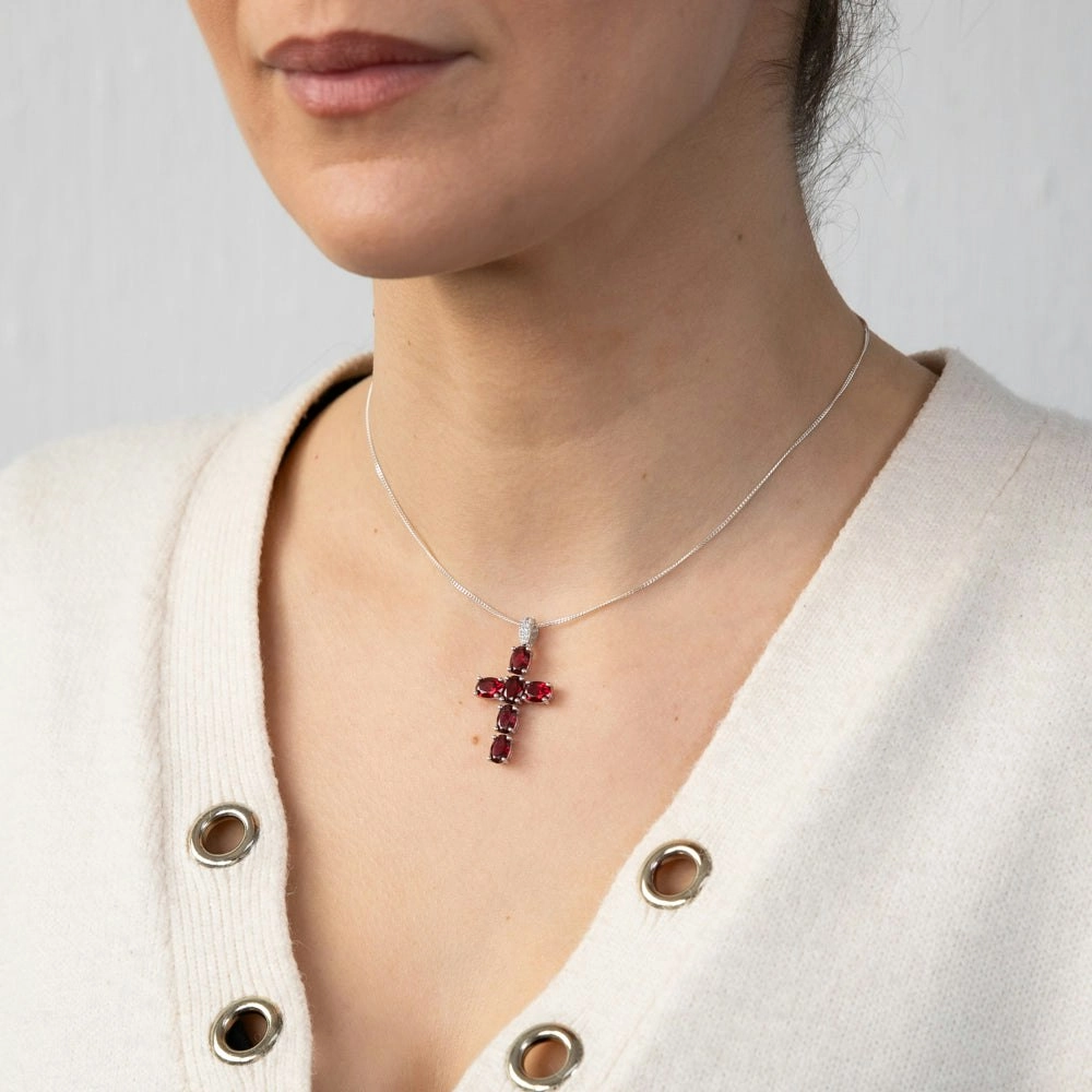 Sterling Silver Rhodium Plated Oval Red Stone Cross Pendant