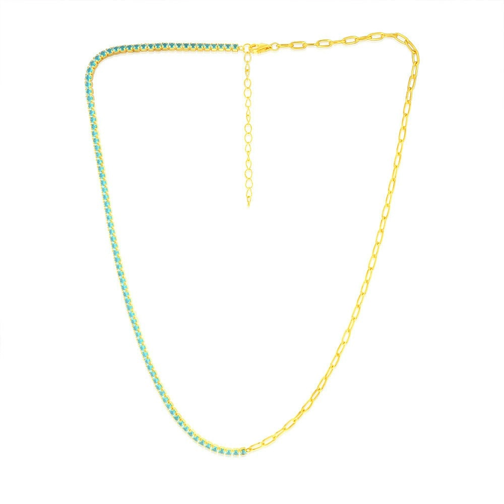 Sterling Silver Gold Plated Green Zirconia Paperclip 45.7cm Chain